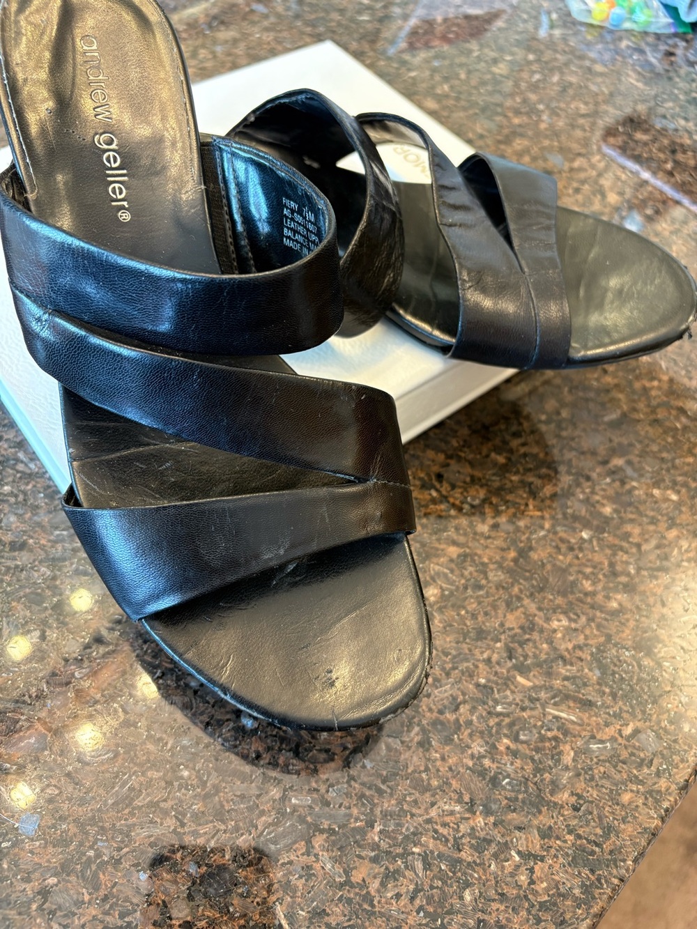 Andrew Geller Black Leather Crossover Slide Mules